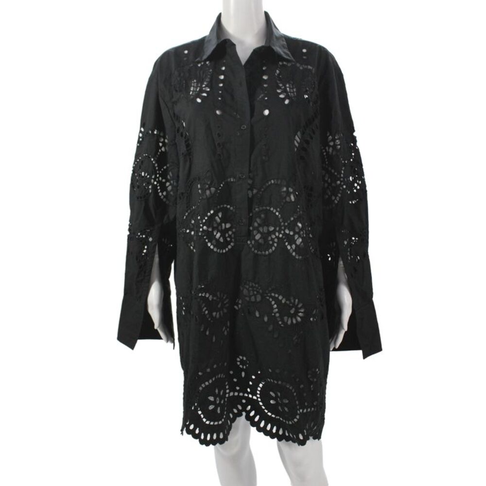 Nili Lotan Women Tunic Button Up Black Cotton Collared Long Sleeve Size M